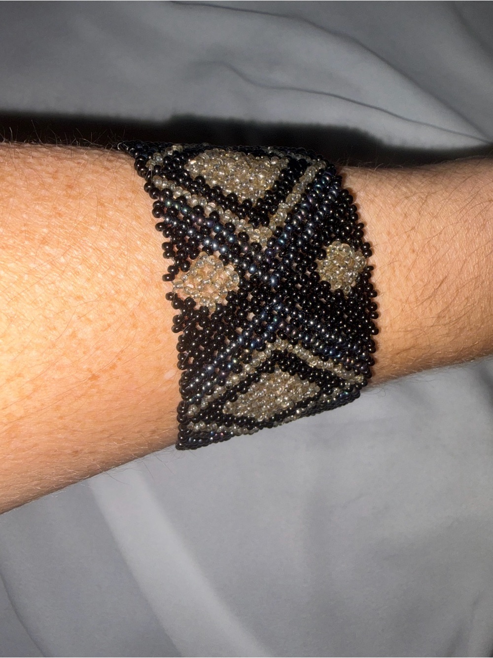 Black Beaded Cuff Bracelet Champagne Geometric Diamond Boho Statement Jewelry